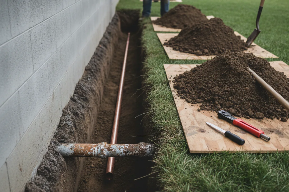 Excavated water line trench during Water Heater Repair in Evanston
